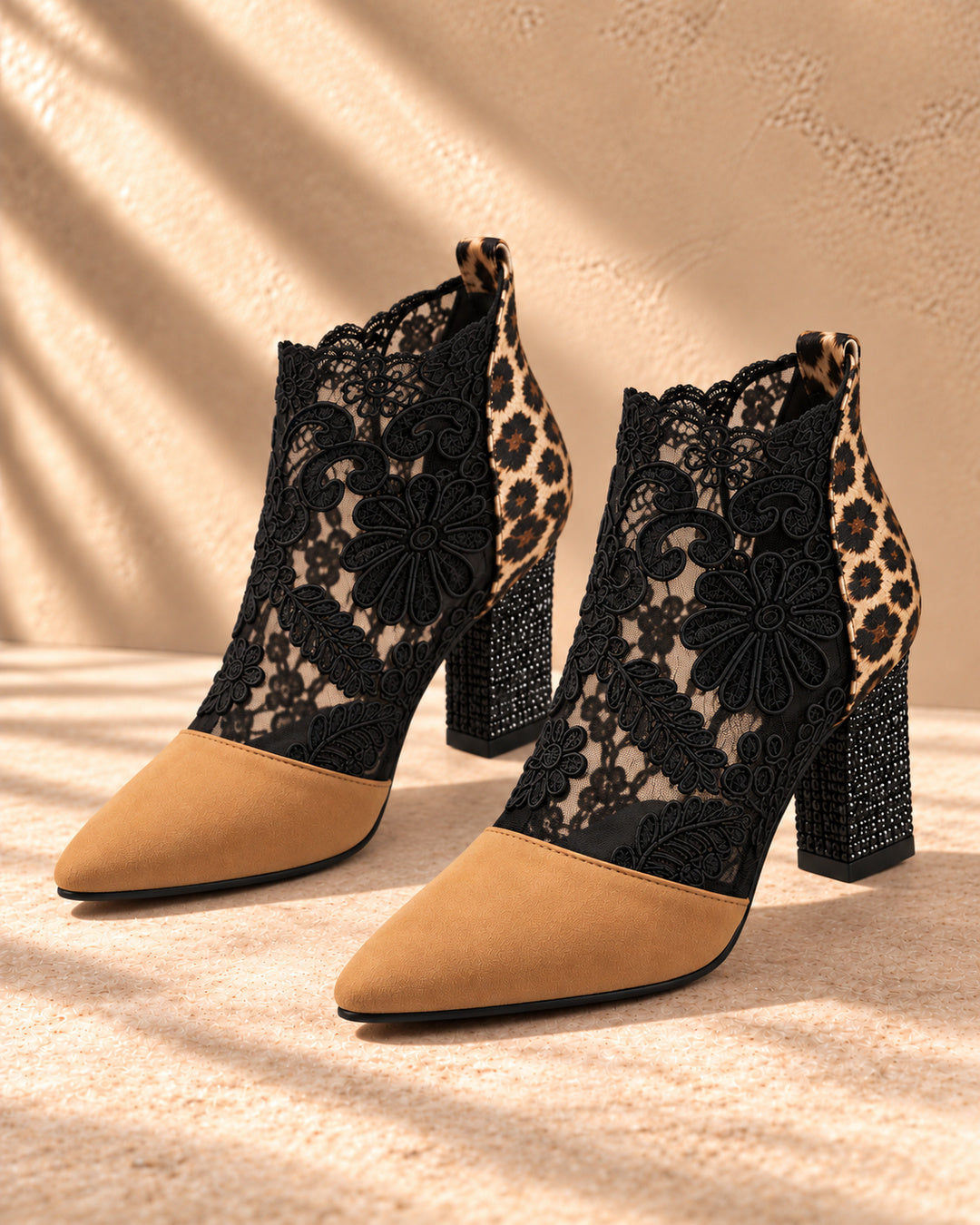 Aurelia Lace-Panel Comfort Ankle Boots - Camel & Leopard
