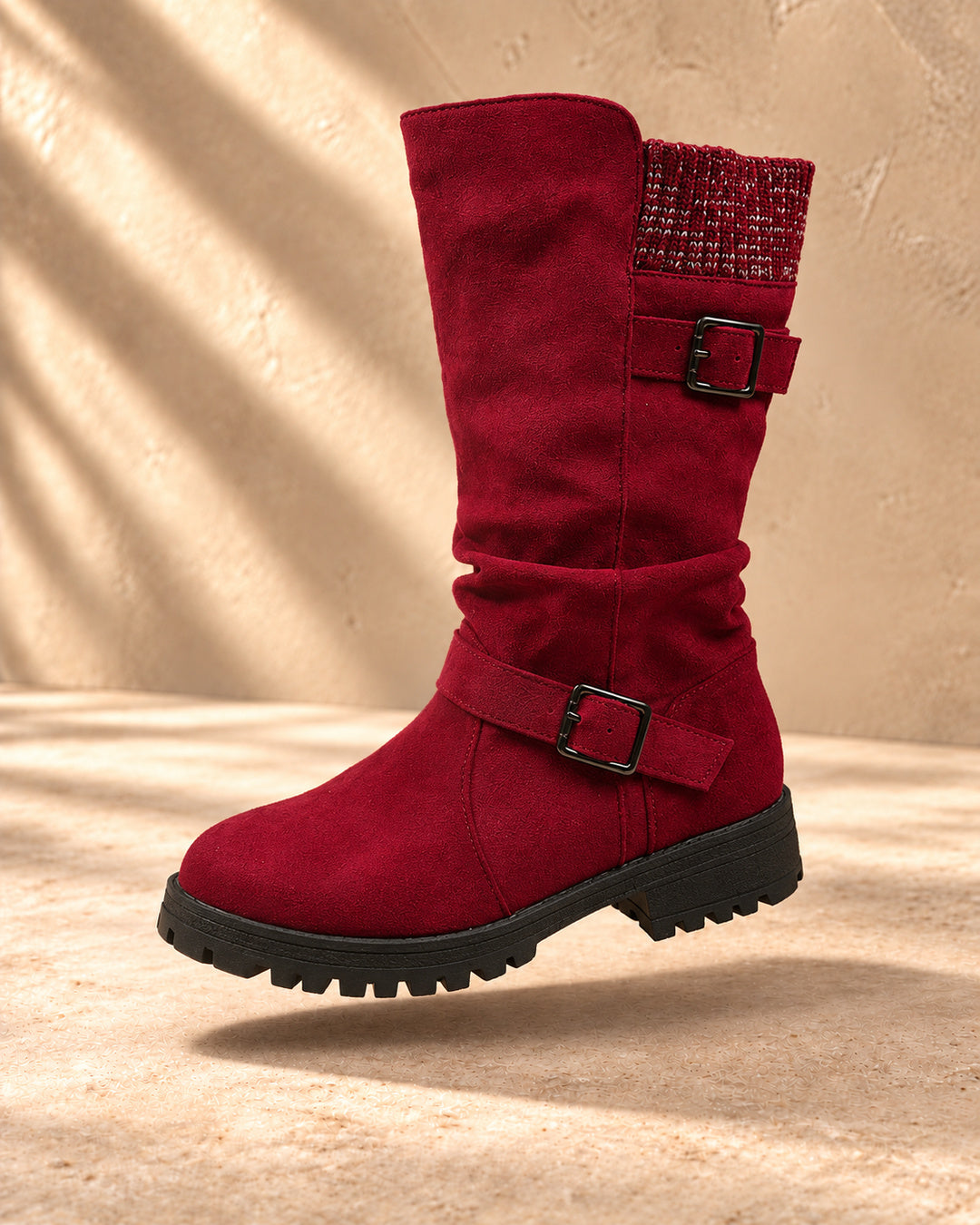 Camille Suede Knit-Cuff Boots - Red