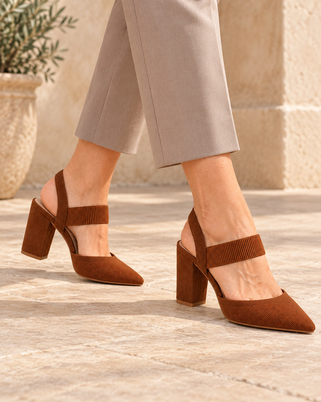 Isabelle Pointed-Toe Elastic-Strap Block Heels - Dark Brown