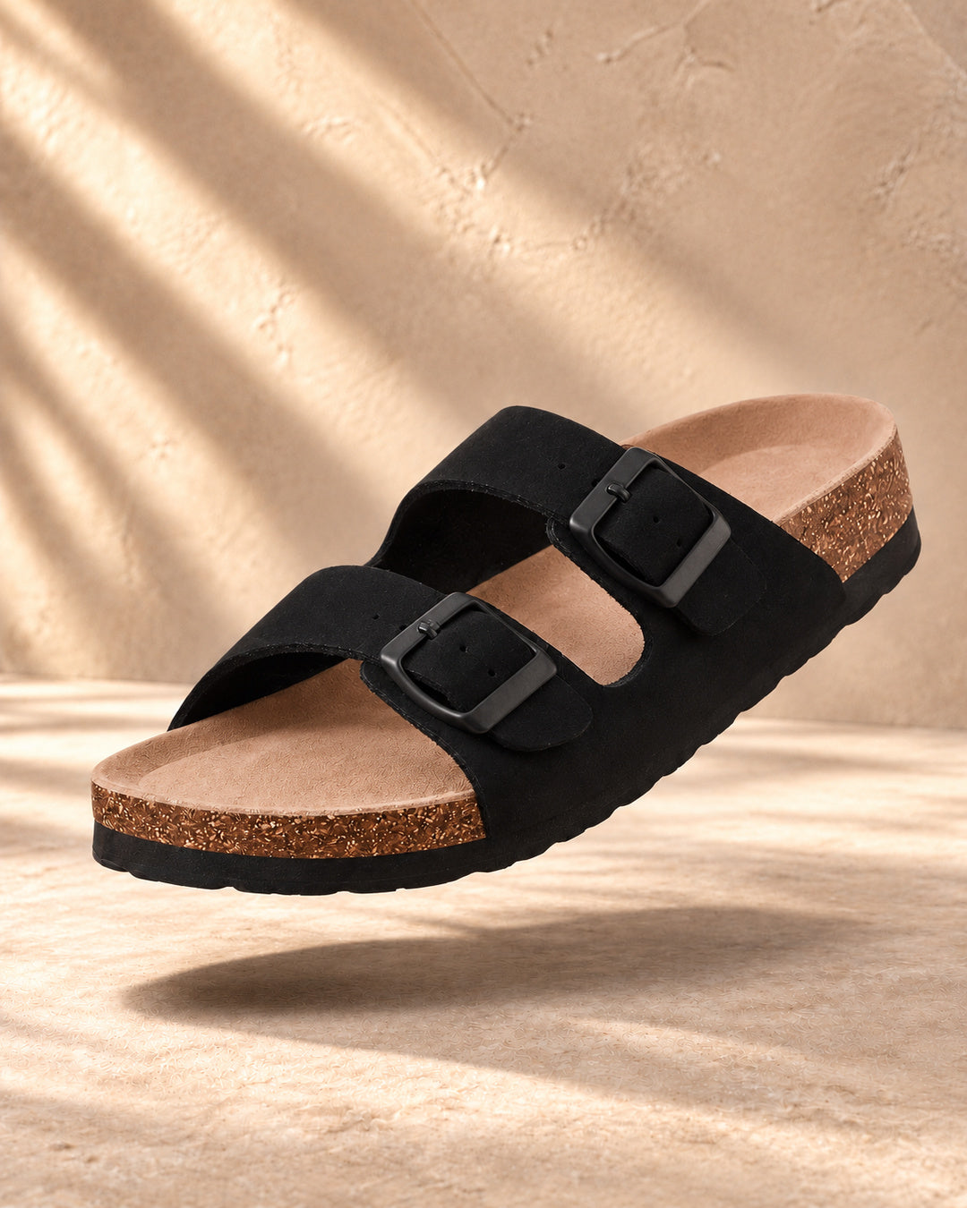 Estelle Double-Buckle Cork Sandals - Black