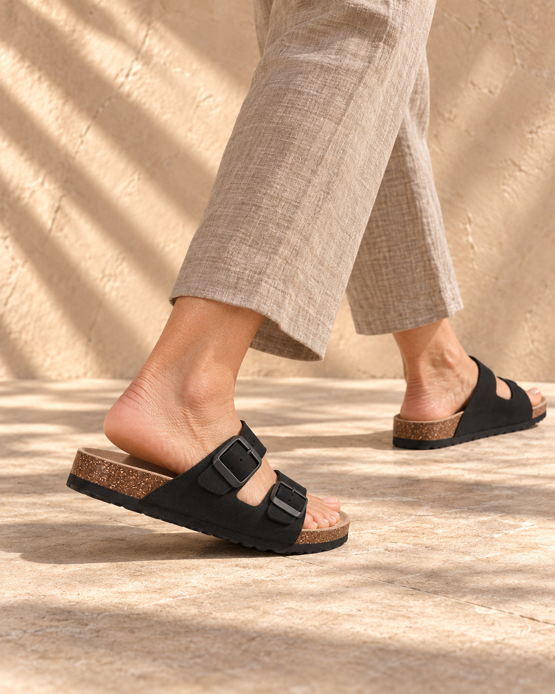 Estelle Double-Buckle Cork Sandals - Black