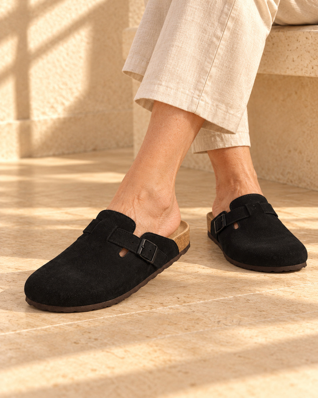 Clara Suede Buckle Clogs - Black