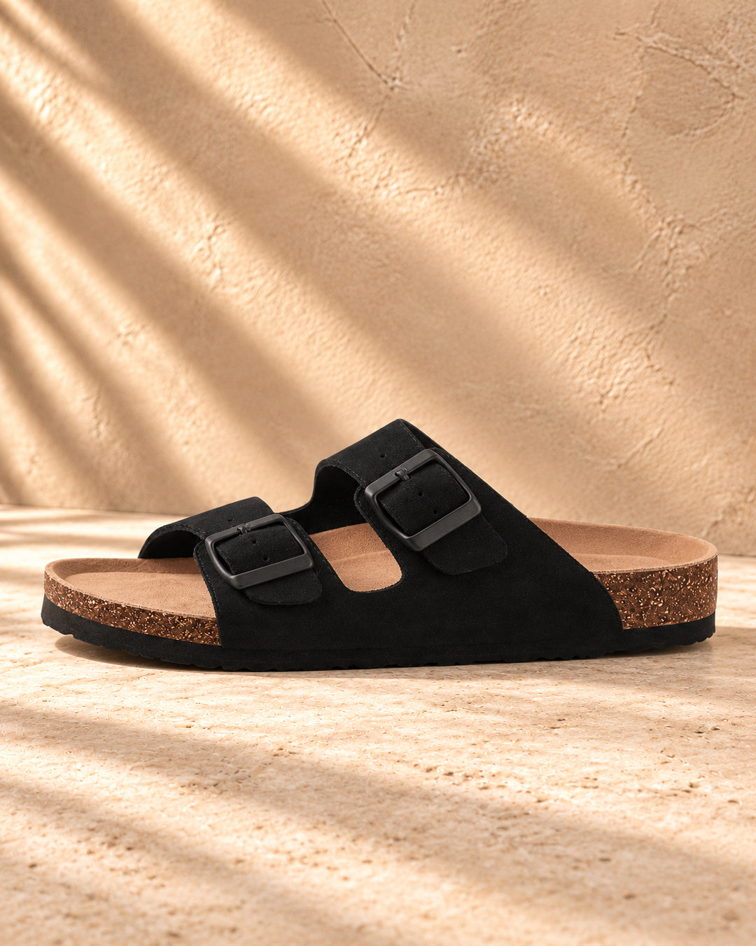 Estelle Double-Buckle Cork Sandals - Black