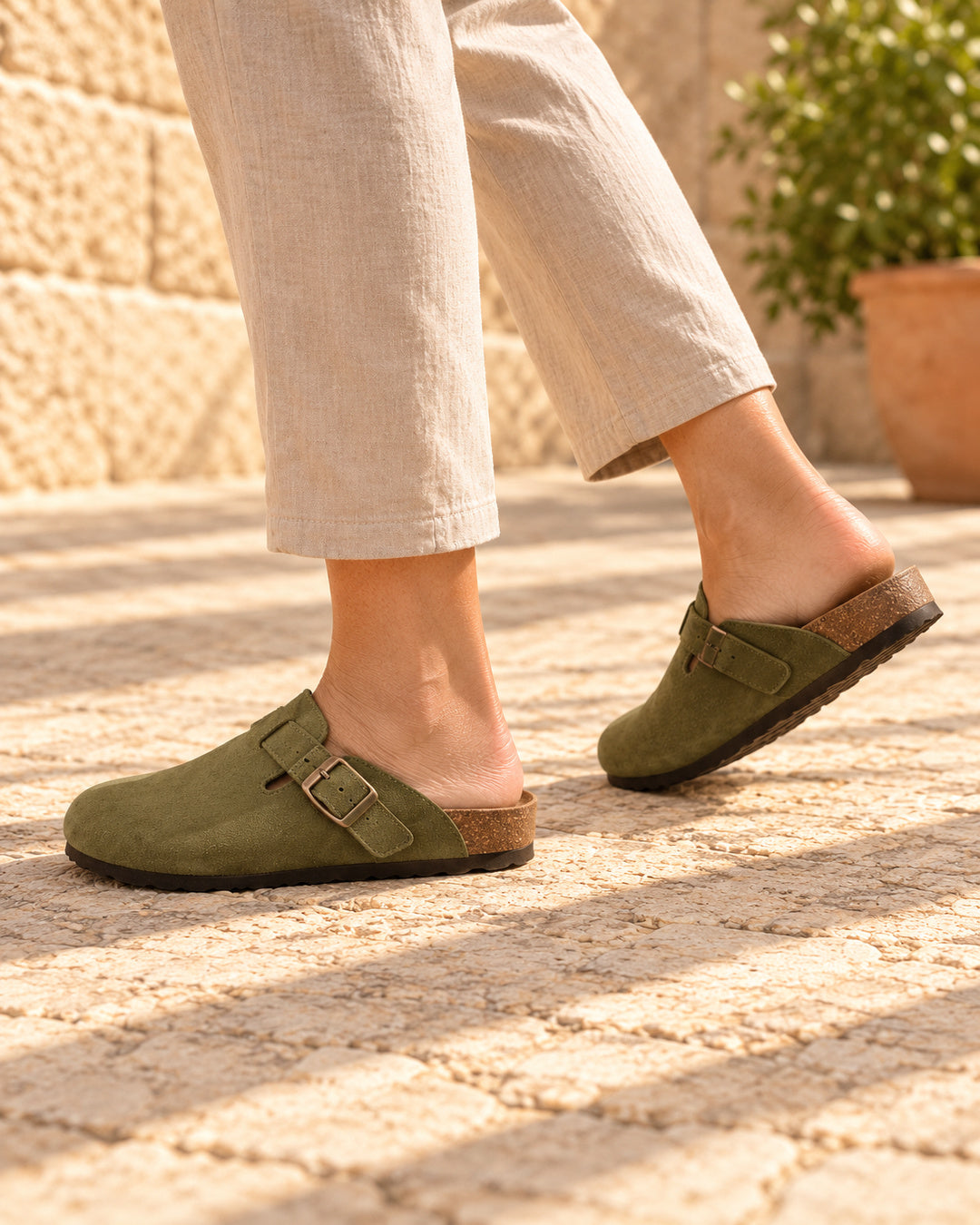 Clara Suede Buckle Clogs - Army Green