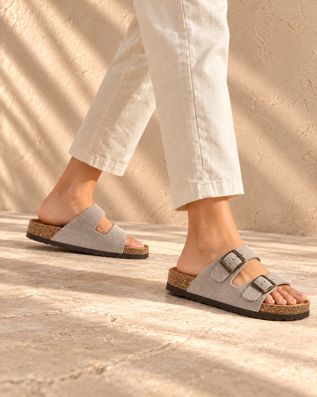Adeline Suede Double-Buckle Sandals - Earl Gray