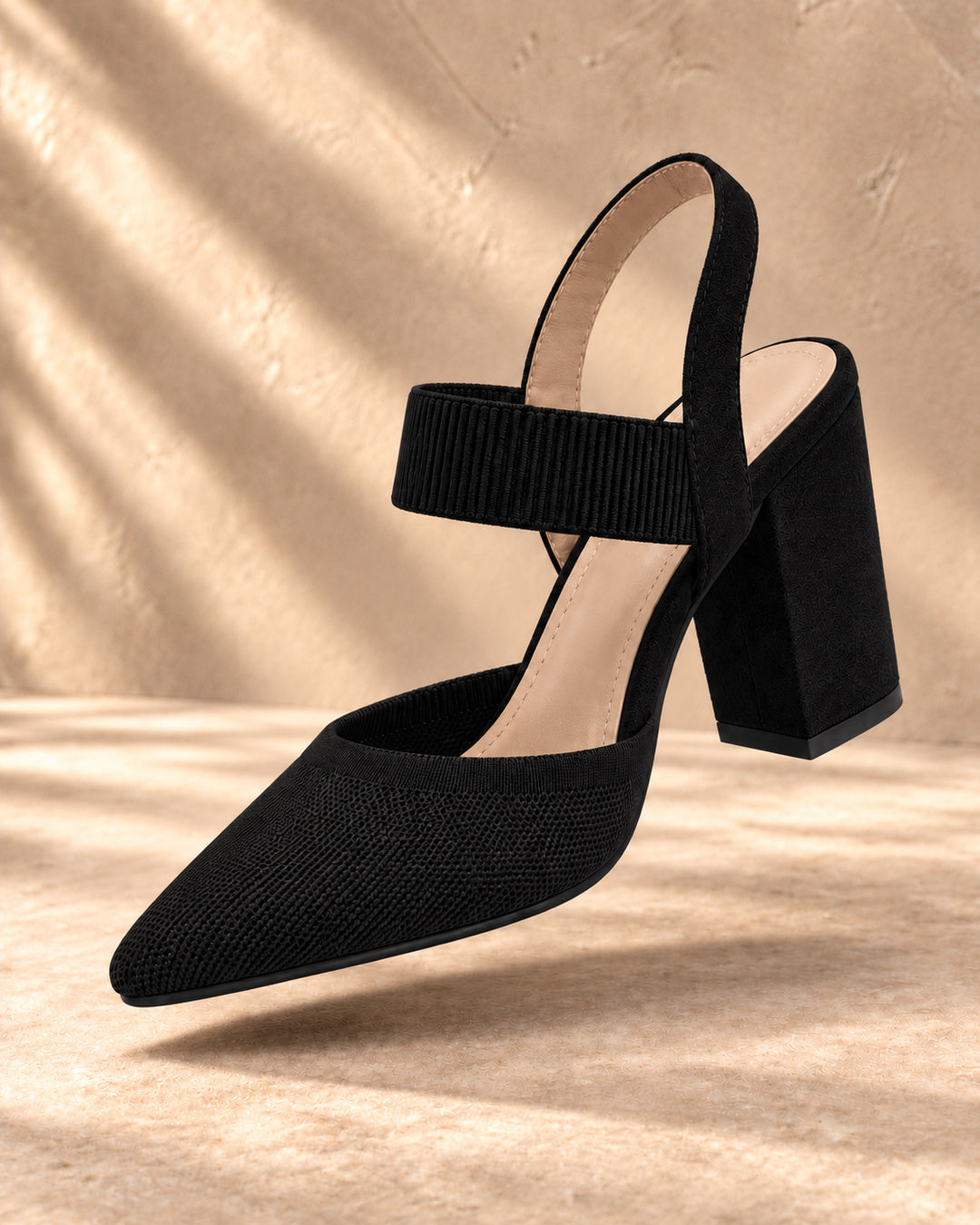 Isabelle Pointed-Toe Elastic-Strap Block Heels - Black