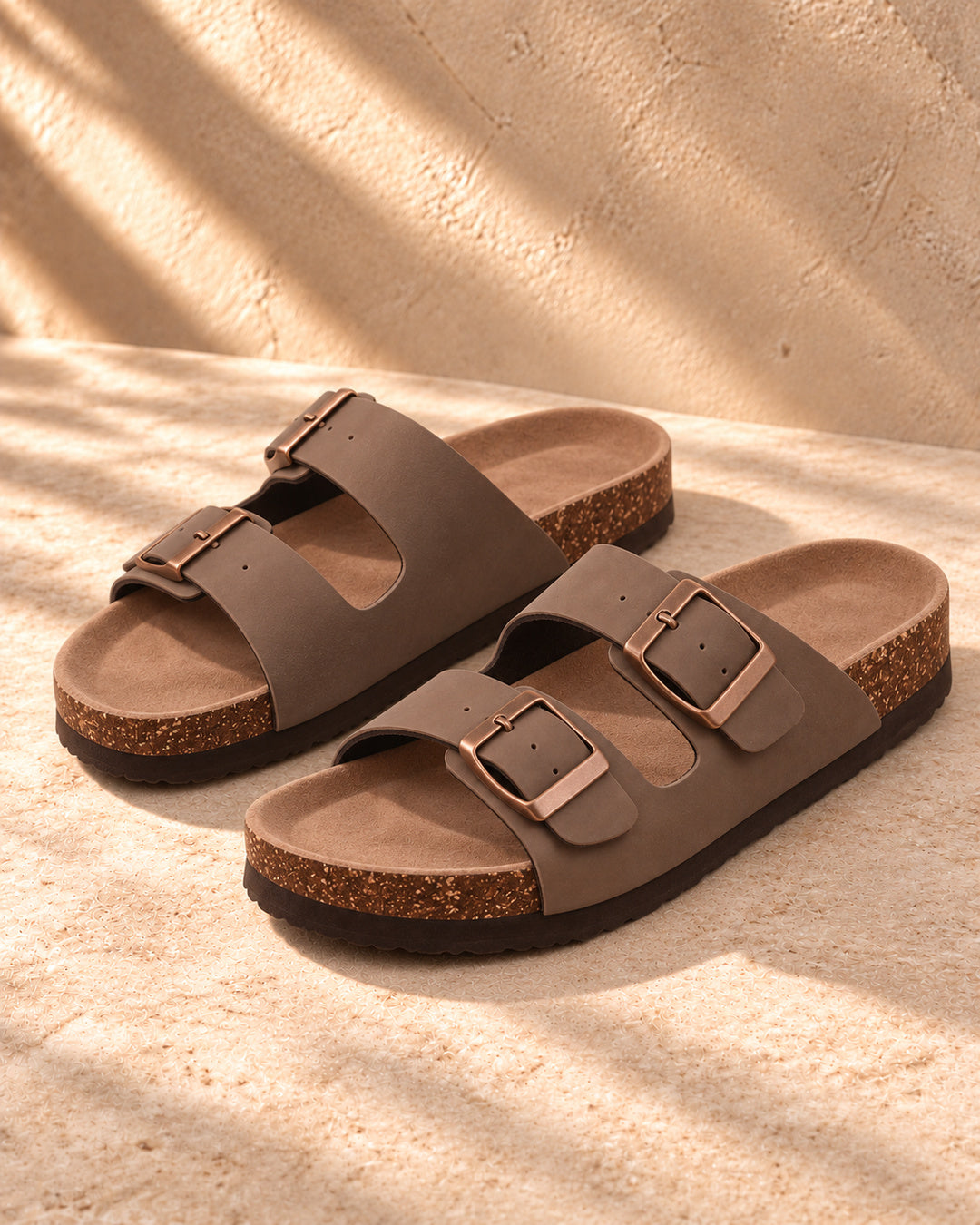Estelle Double-Buckle Cork Sandals - Brown
