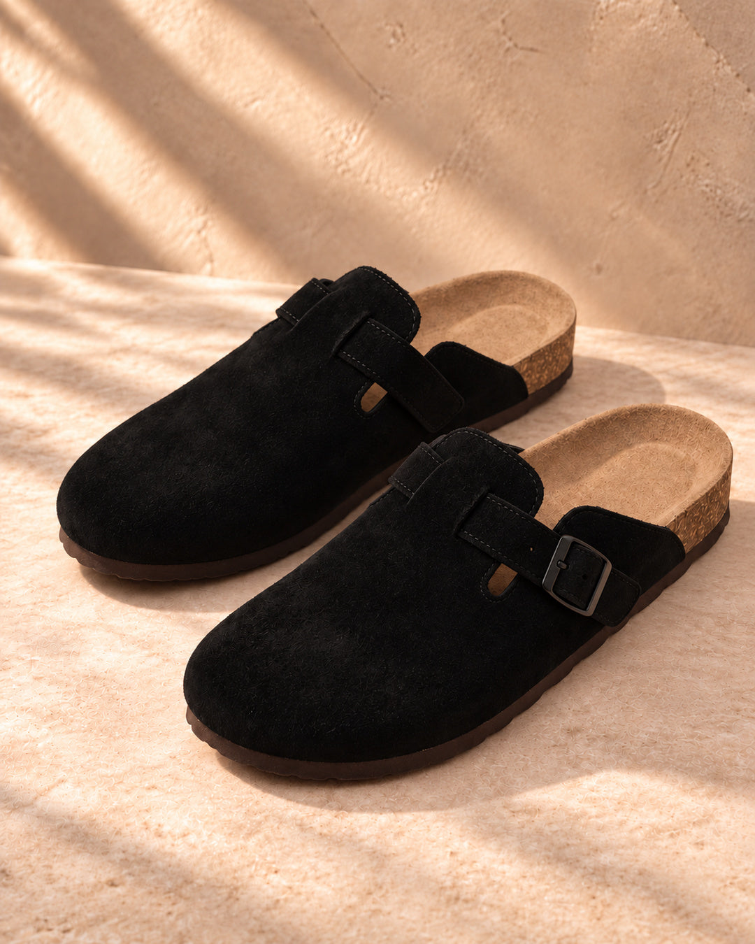 Clara Suede Buckle Clogs - Black