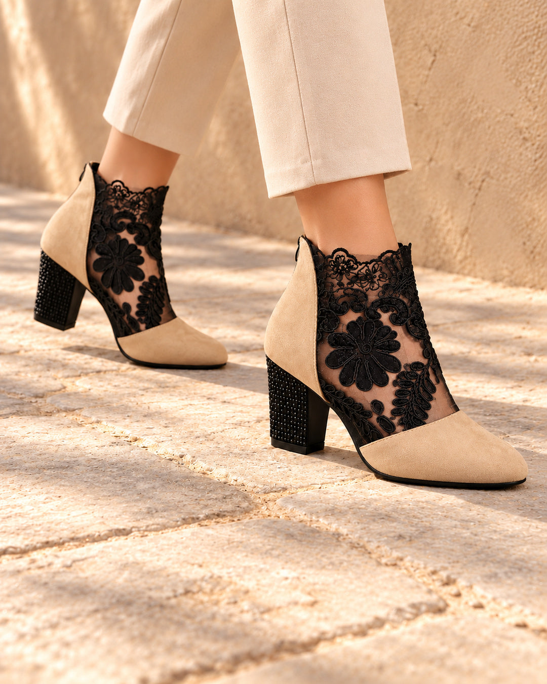 Aurelia Lace-Panel Comfort Ankle Boots - Beige
