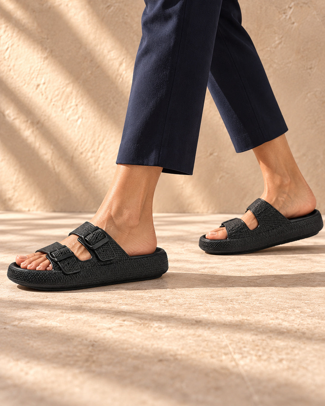 Lucille Cushioned Double-Buckle Sandals - Black