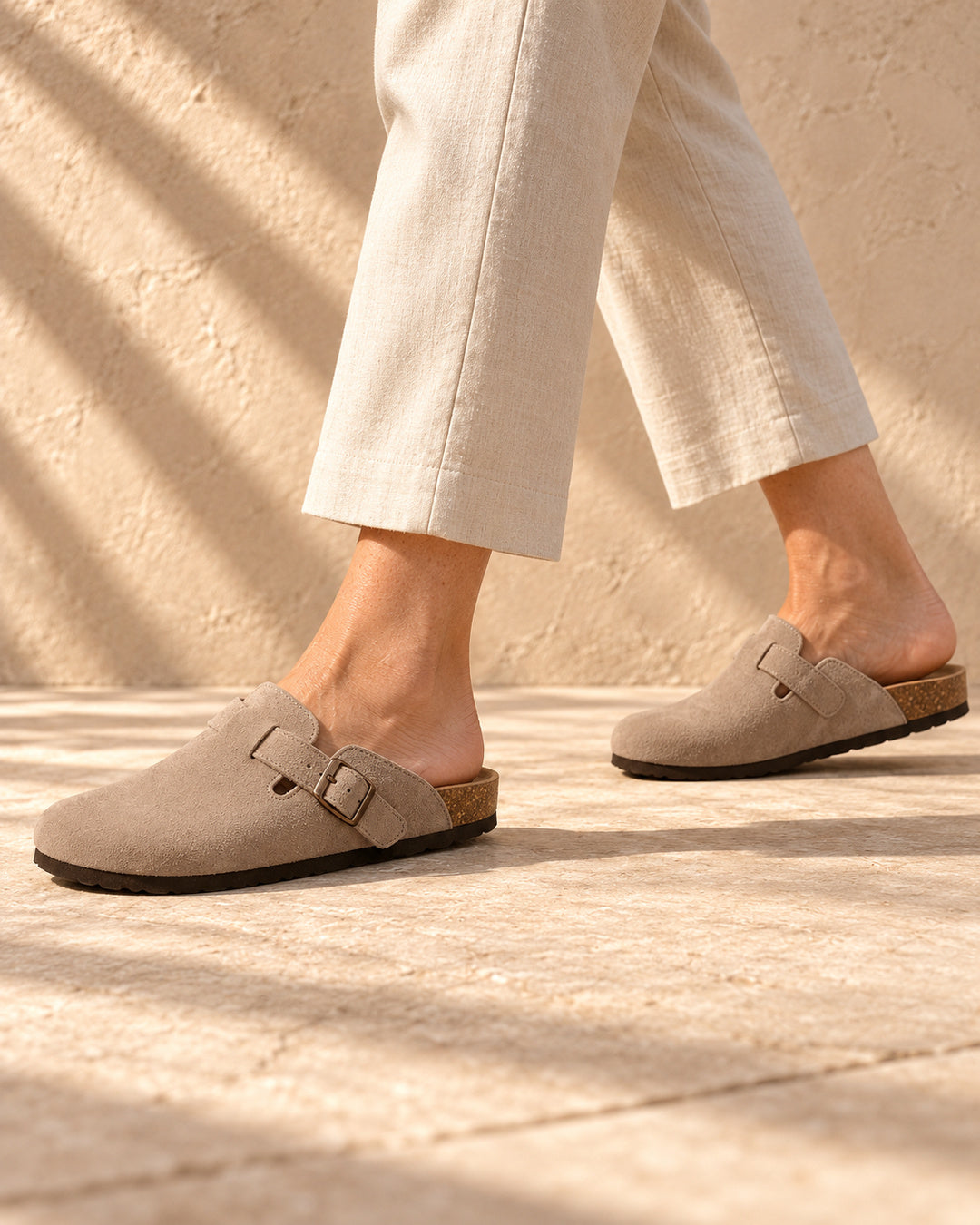 Clara Suede Buckle Clogs - Taupe