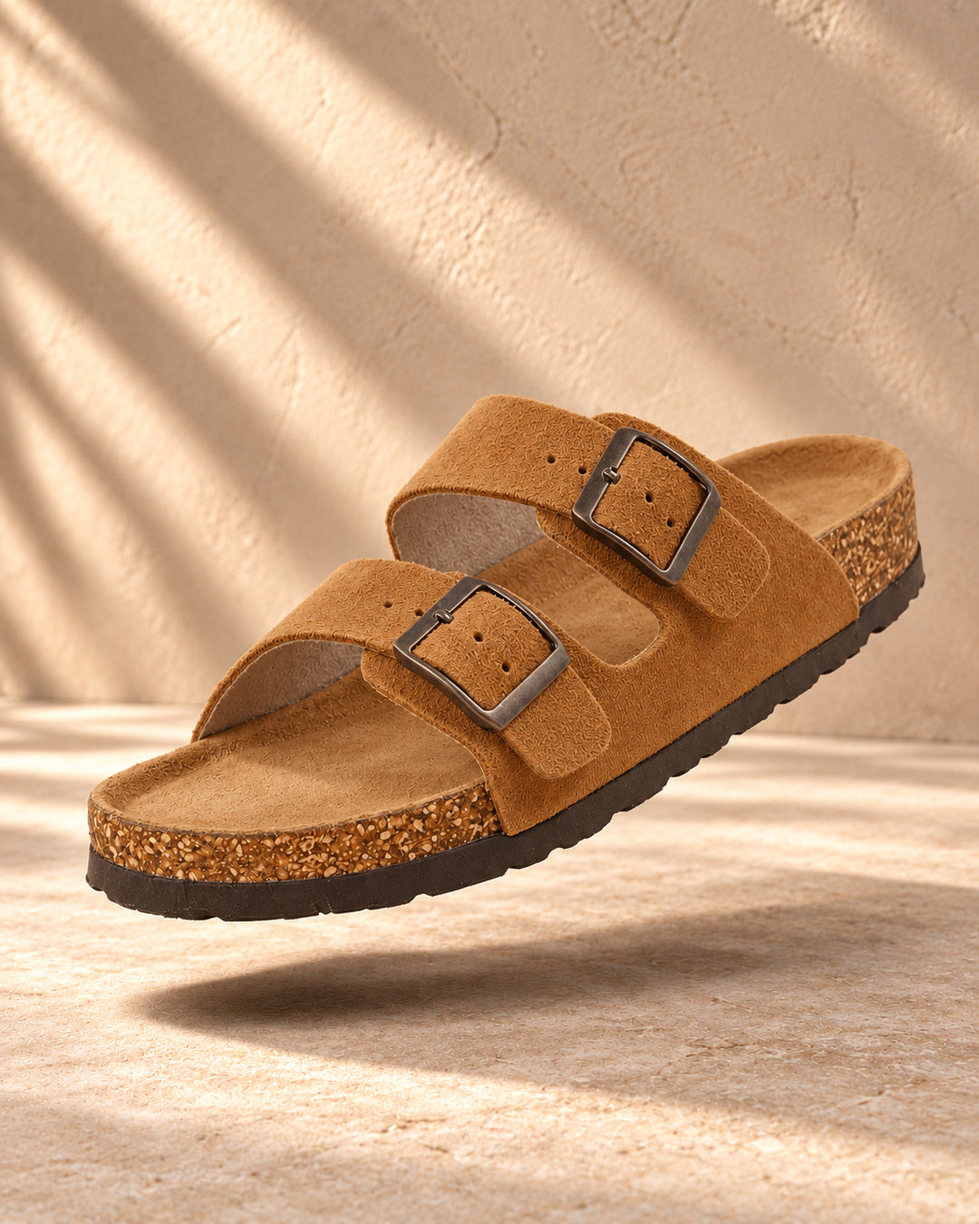 Adeline Suede Double-Buckle Sandals - Camel