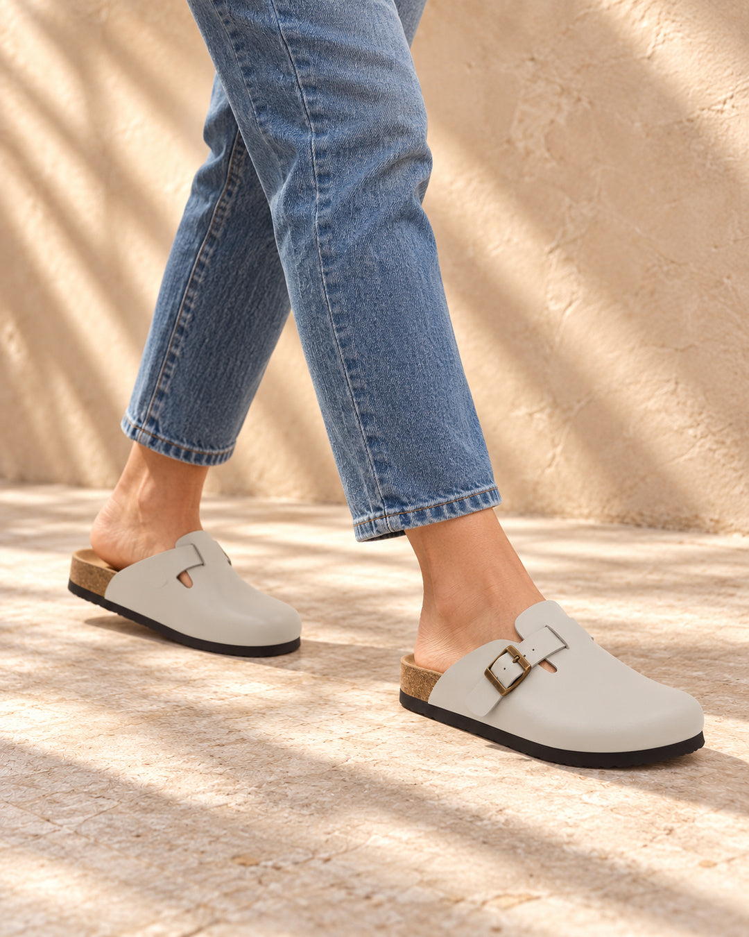 Vivienne Faux-Leather Buckle Clogs - Gray