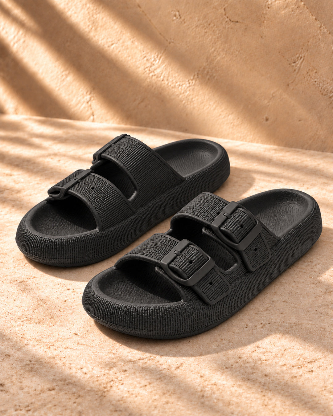 Lucille Cushioned Double-Buckle Sandals - Black