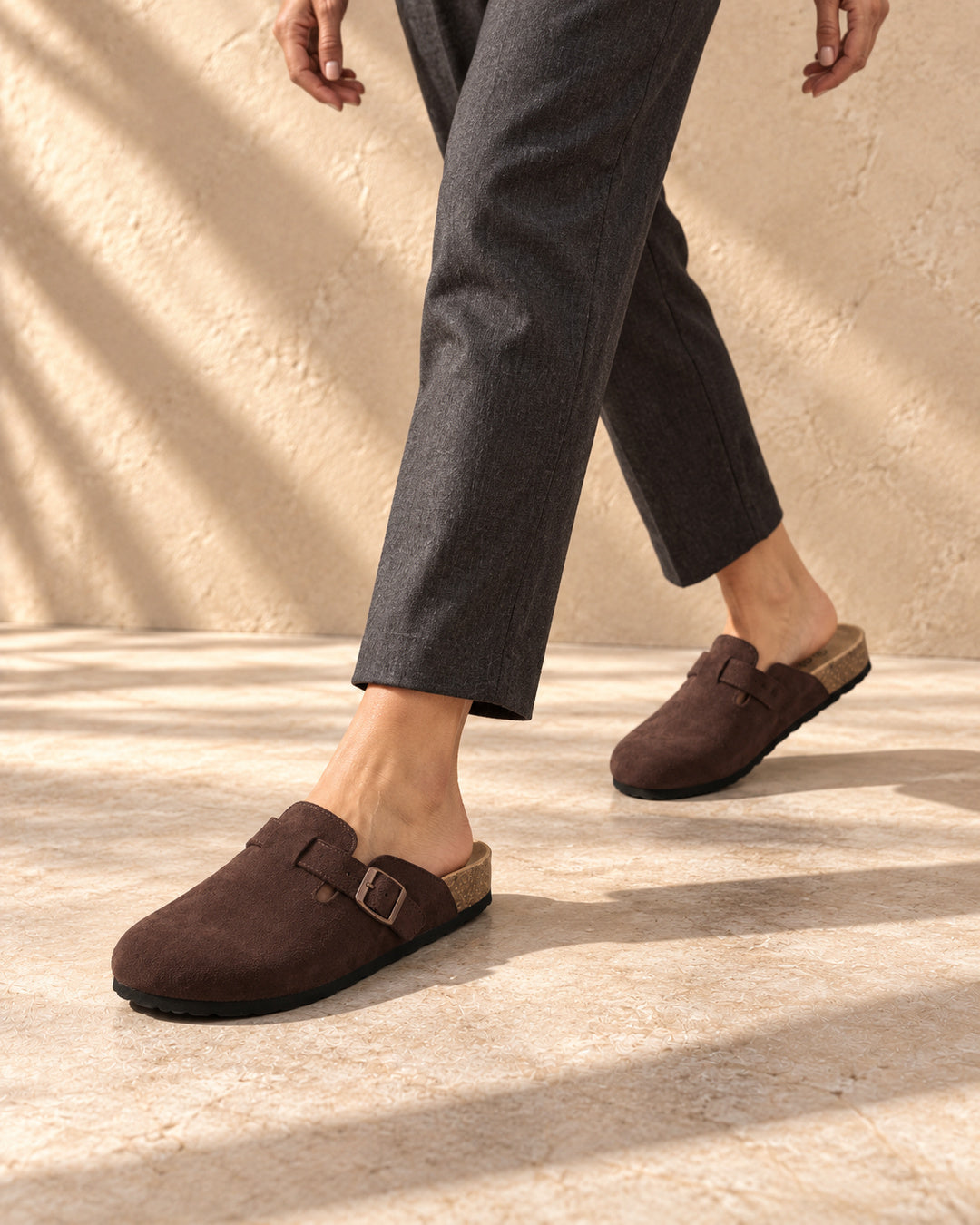 Clara Suede Buckle Clogs - Mocha