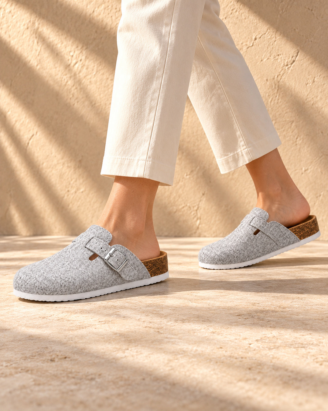 Maren Felt Buckle Clog Slippers - Light Gray