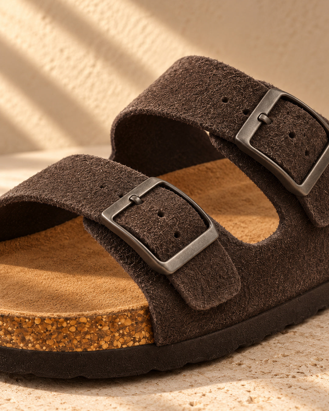 Adeline Suede Double-Buckle Sandals - Mocha