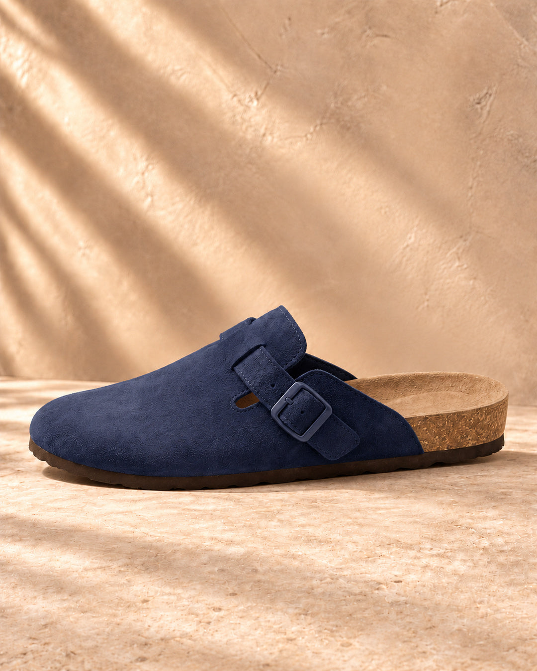 Clara Suede Buckle Clogs - Navy