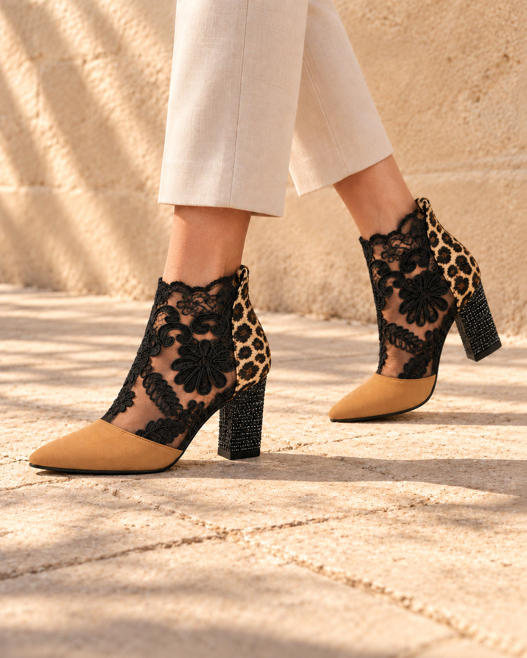Aurelia Lace-Panel Comfort Ankle Boots - Camel & Leopard