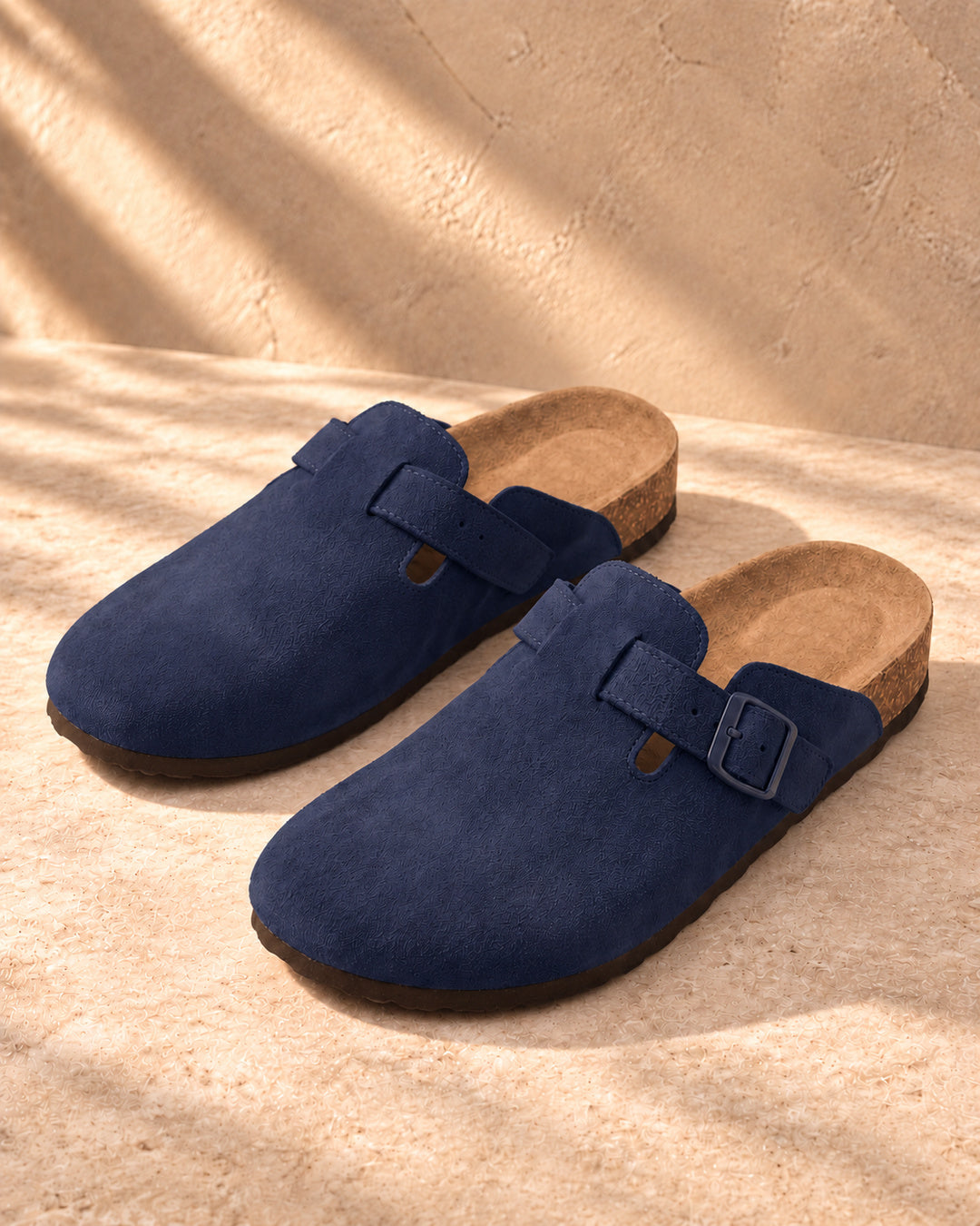 Clara Suede Buckle Clogs - Navy