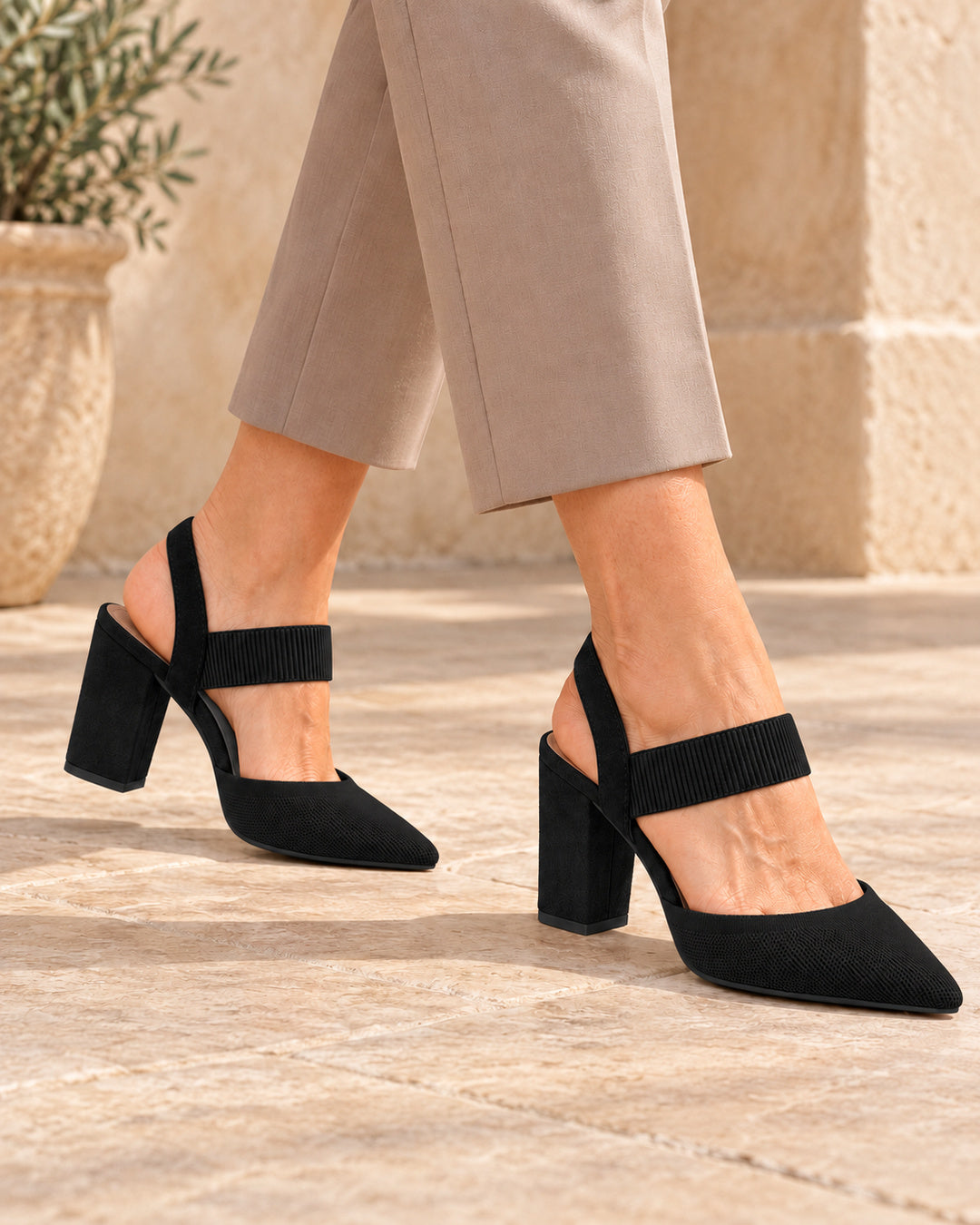Isabelle Pointed-Toe Elastic-Strap Block Heels - Black