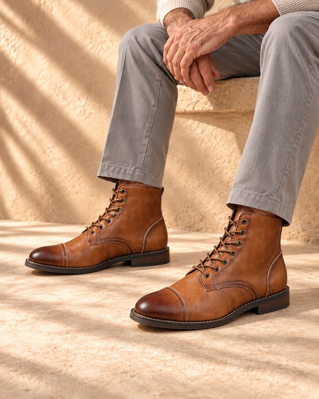Quinn Cap-Toe Hidden-Lift Lace-Up Boots - Light Brown