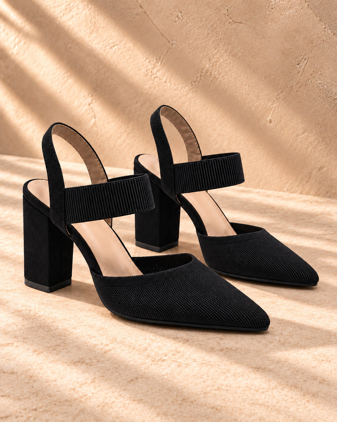 Isabelle Pointed-Toe Elastic-Strap Block Heels - Black