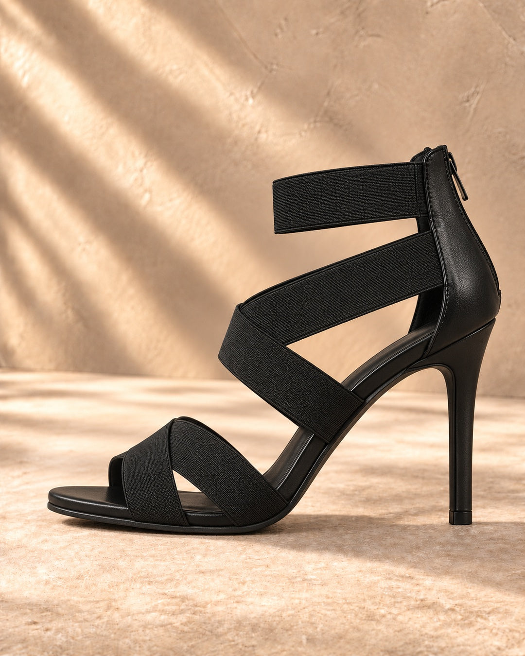 Valentina Elastic-Strap Open-Toe Heels - Black