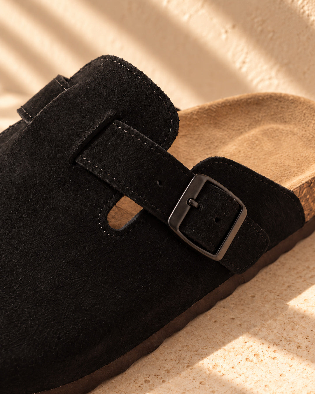 Clara Suede Buckle Clogs - Black