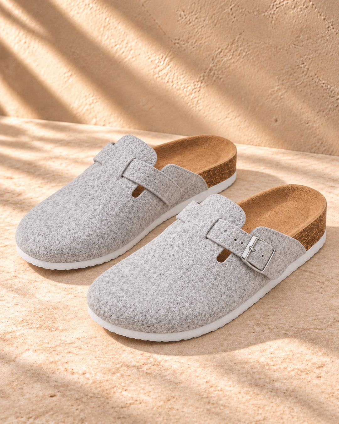 Maren Felt Buckle Clog Slippers - Light Gray