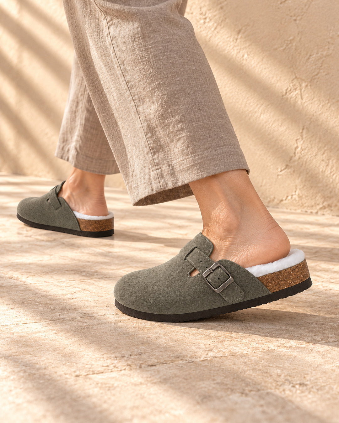 Celeste Faux-Fur-Lined Suede Clogs - Army Green