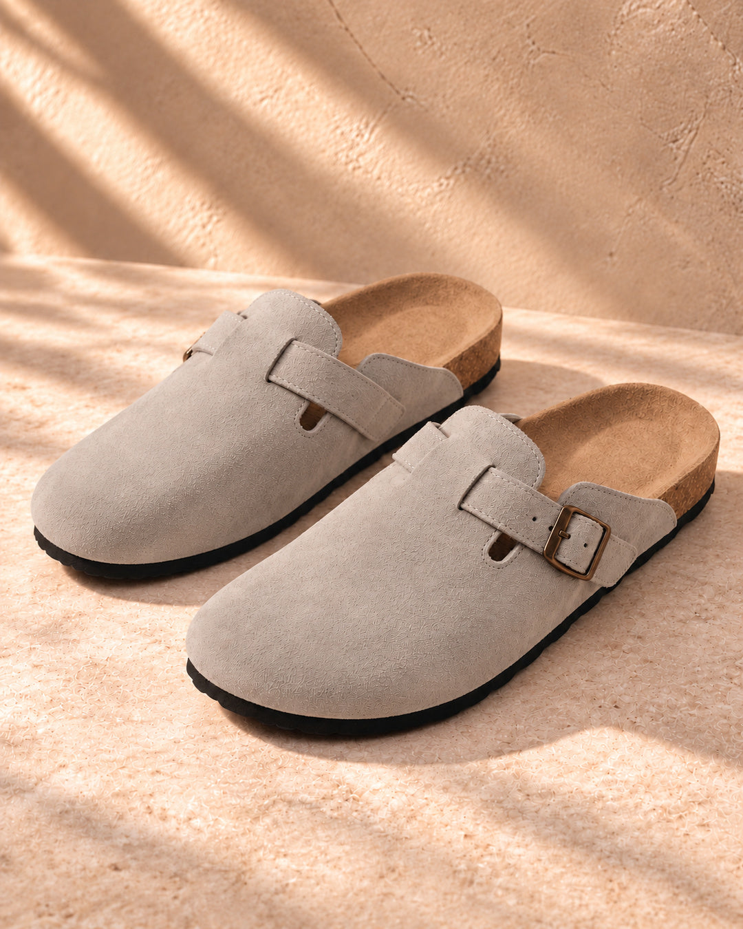 Clara Suede Buckle Clogs - Gray