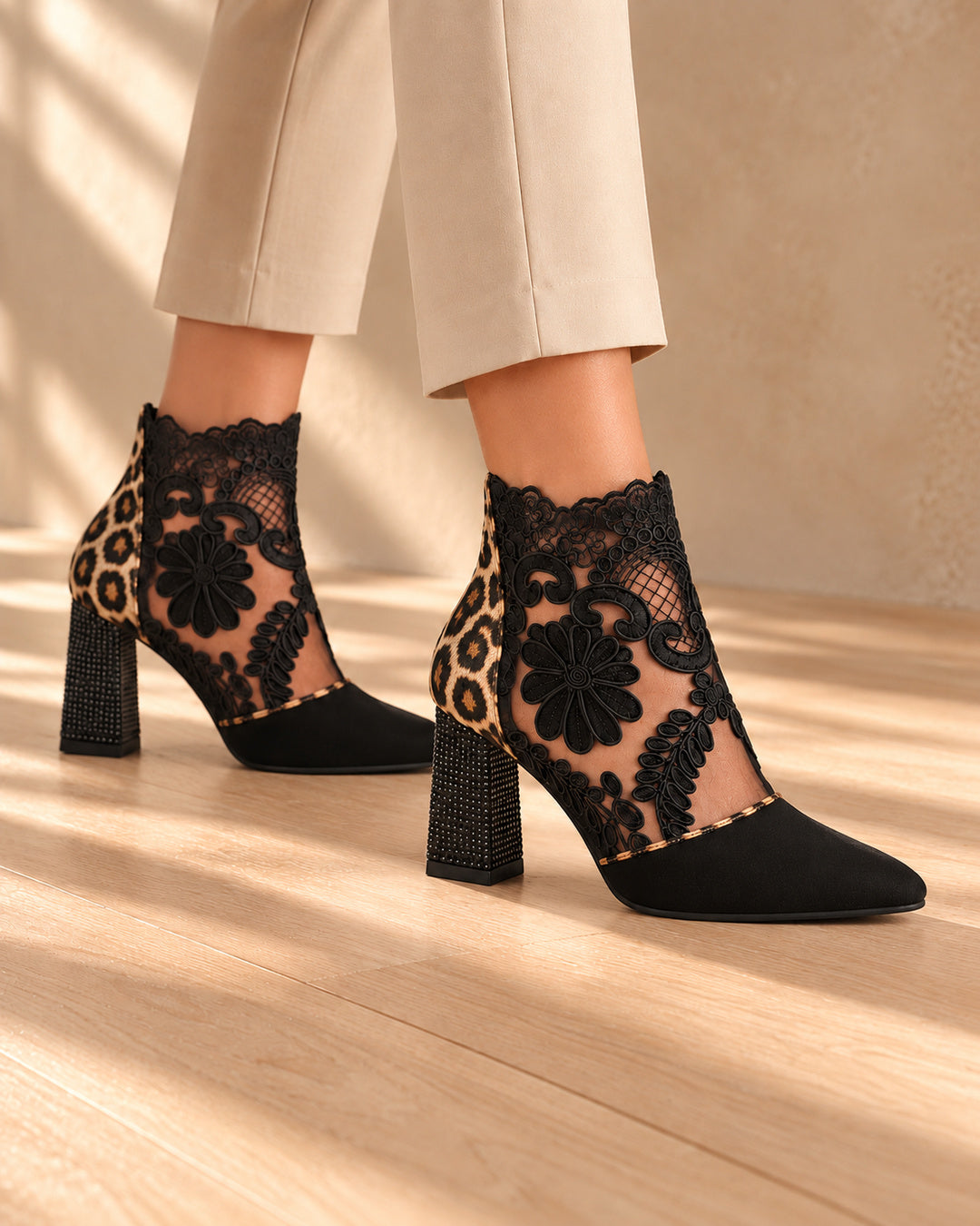 Aurelia Lace-Panel Comfort Ankle Boots - Black & Leopard