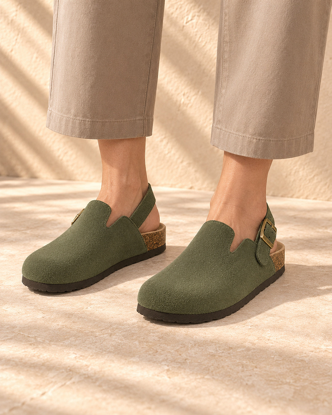 Sabina Suede Backstrap Clogs - Army Green