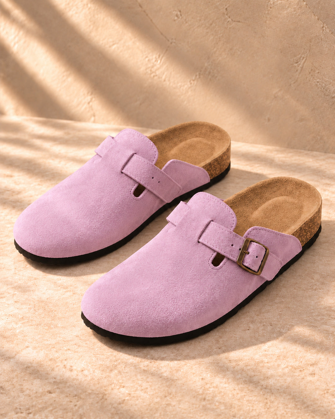 Clara Suede Buckle Clogs - Pink