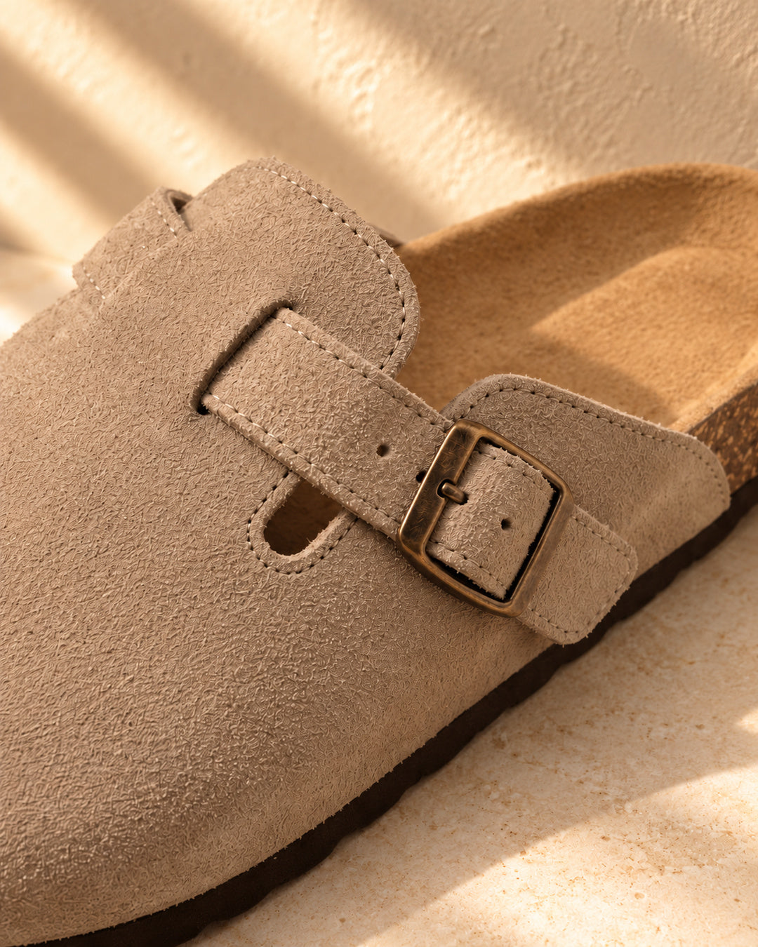 Clara Suede Buckle Clogs - Taupe