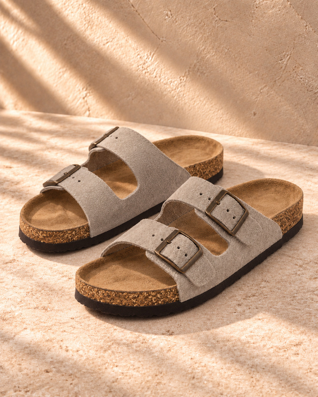 Adeline Suede Double-Buckle Sandals - Earl Gray