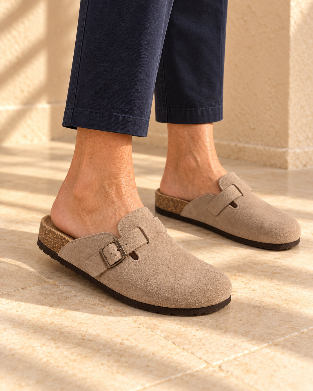 Clara Suede Buckle Clogs - Taupe