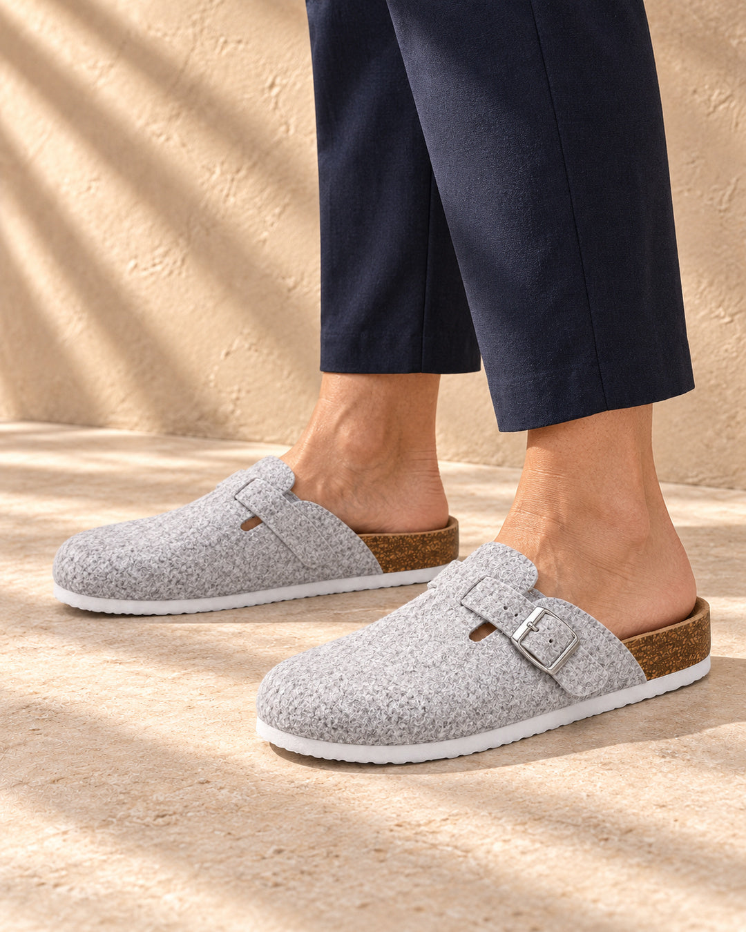 Maren Felt Buckle Clog Slippers - Light Gray