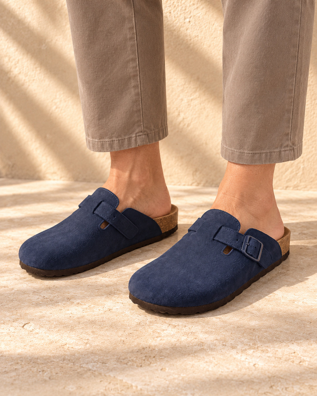 Clara Suede Buckle Clogs - Navy