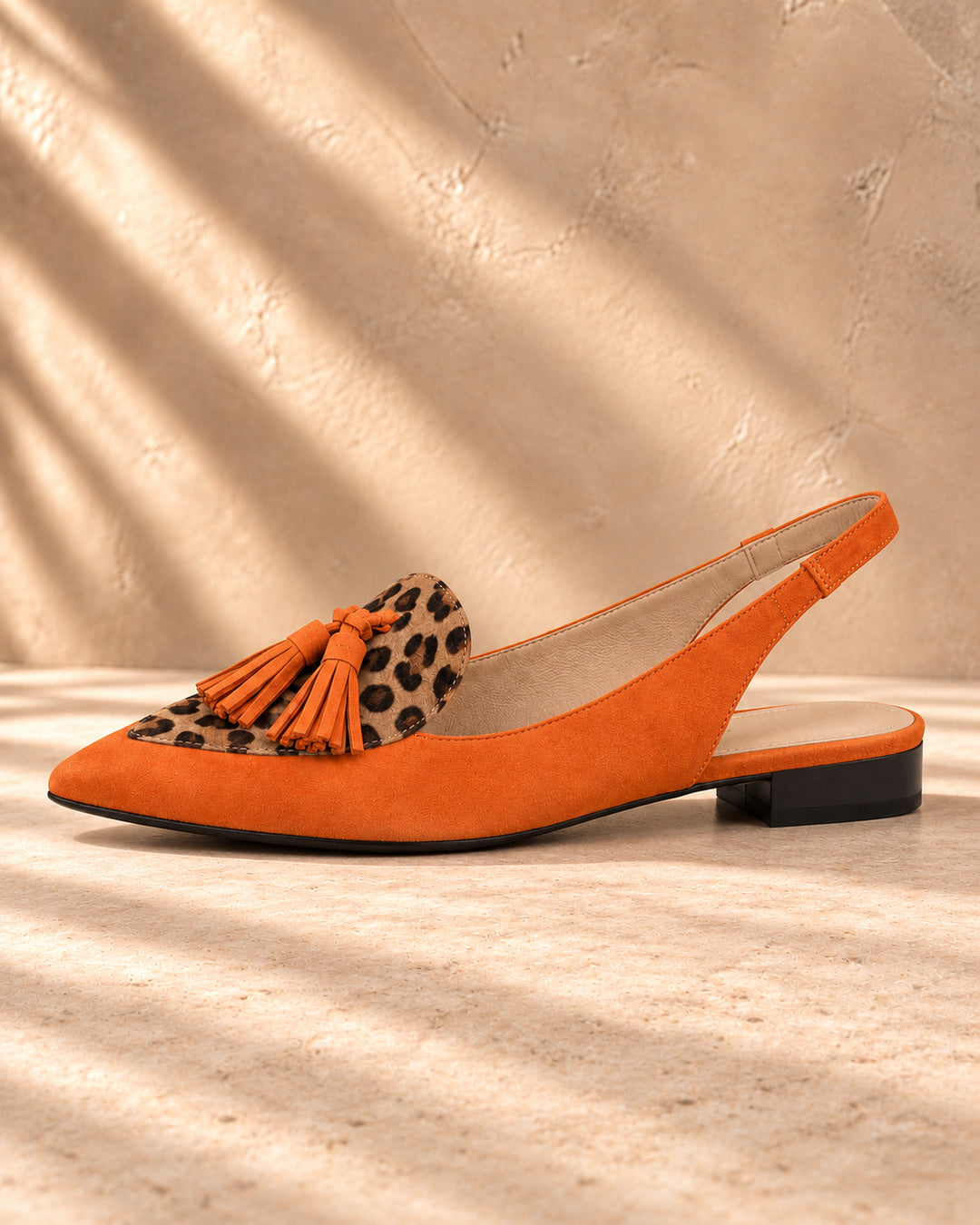 Eliza Tassel-Detail Slingback Flats - Orange and leopard