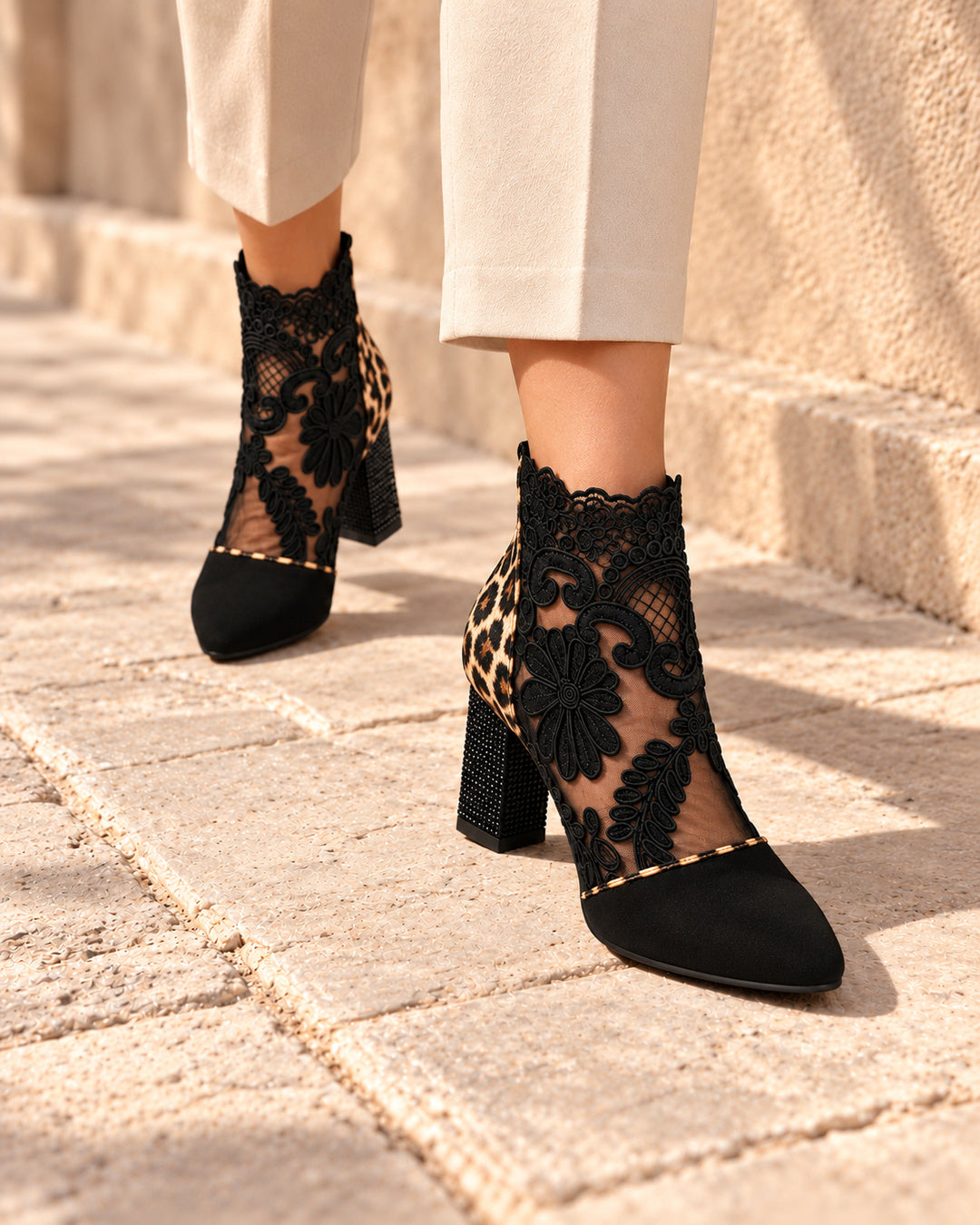 Aurelia Lace-Panel Comfort Ankle Boots - Black & Leopard
