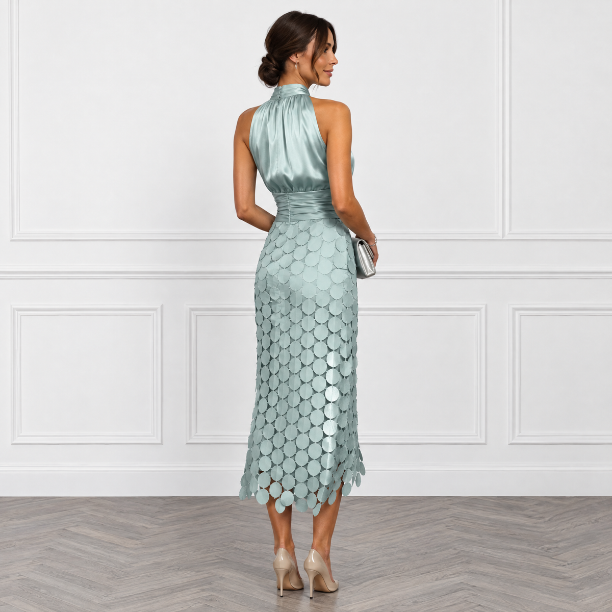 Celine Disc-Appliqué Halter Midi Dress