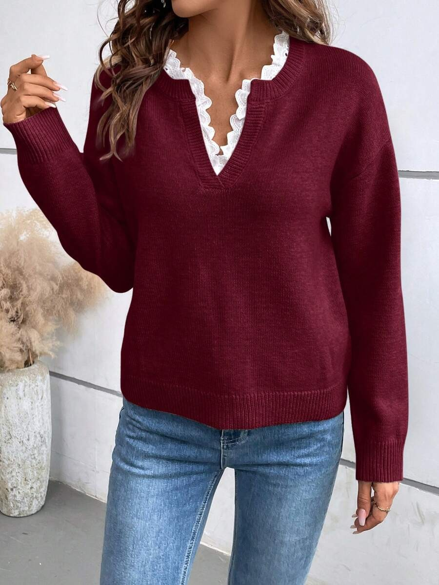 Evelyn Lace-Trim V-Neck Sweater