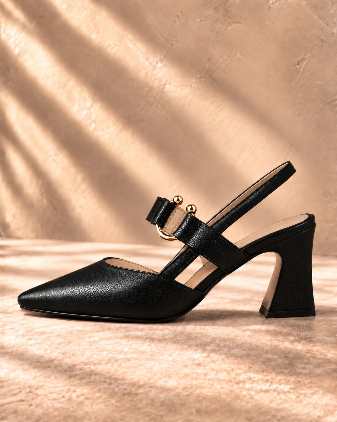 Amabel Gold-Accent Slingback Heels in Black - side view
