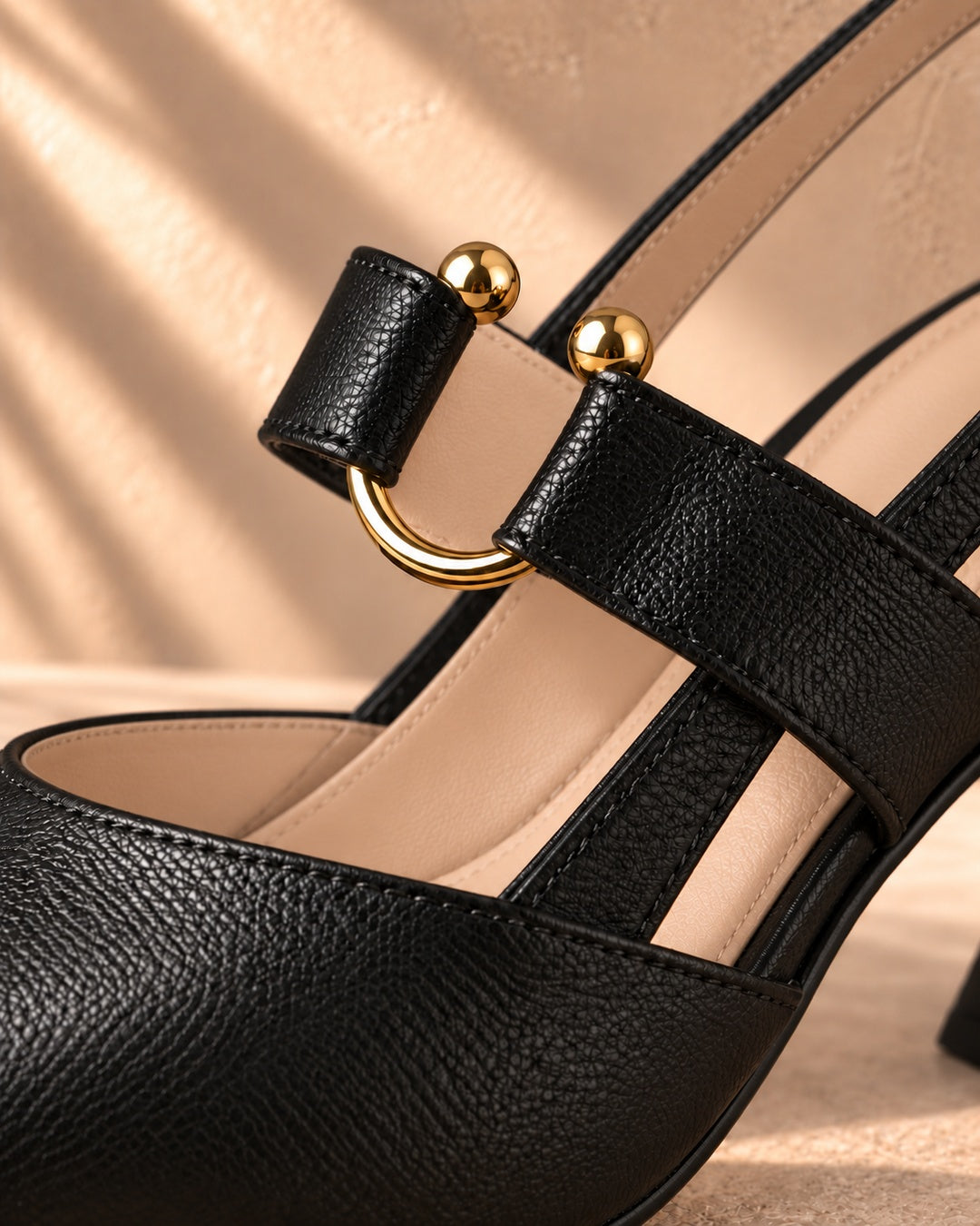 Amabel Gold-Accent Slingback Heels in Black - material detail