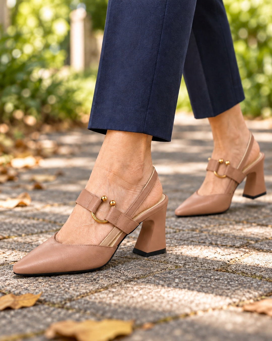 Amabel Gold-Accent Slingback Heels in Brown - walking