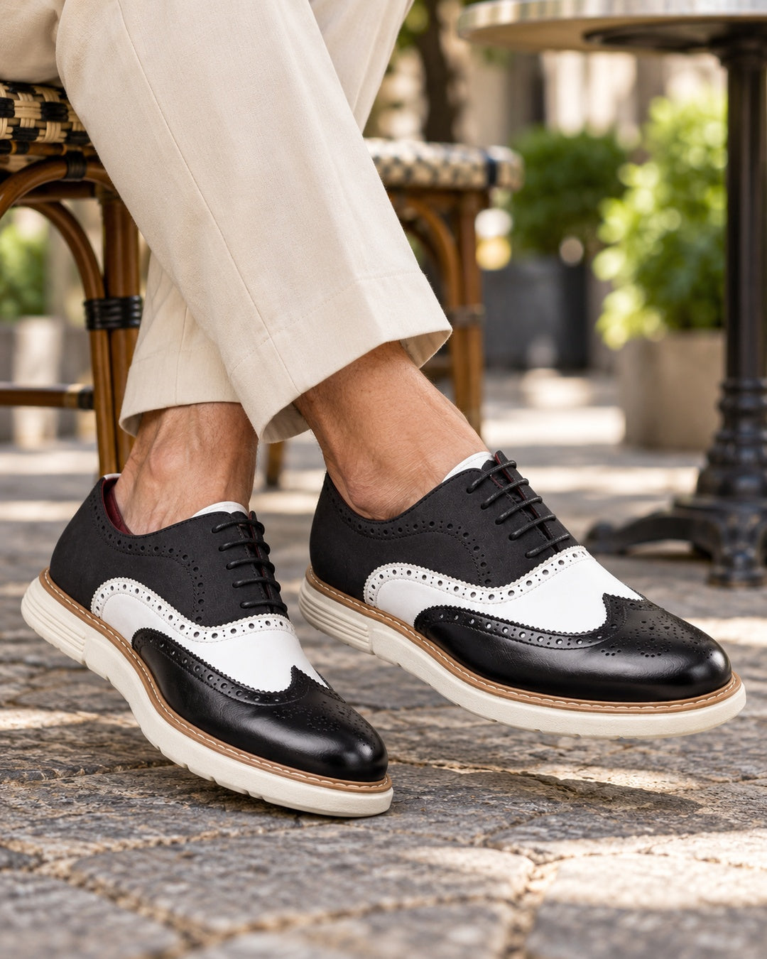 Bellamy Wingtip Brogue Oxford Shoes in Black & White - on foot