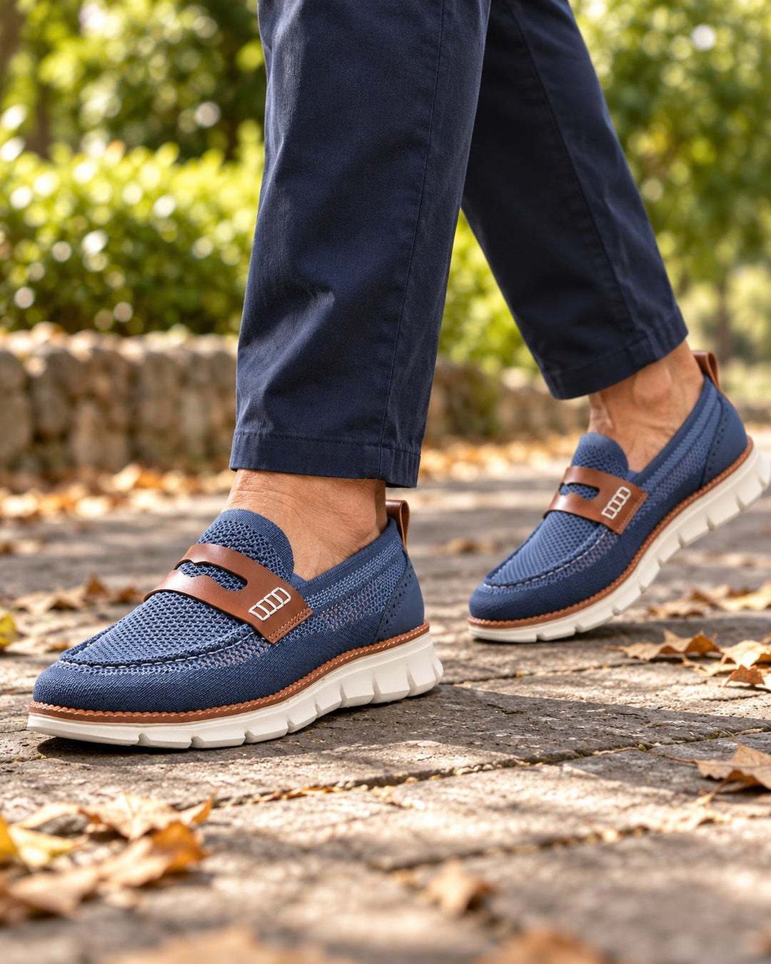 Dario Knit Slip-On Penny Loafers in Blue - walking