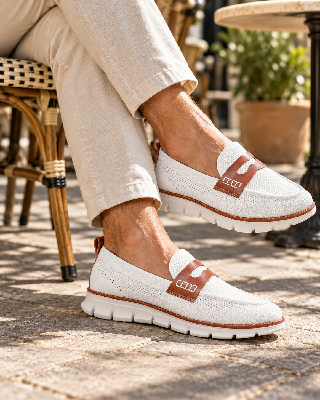 Dario Knit Slip-On Penny Loafers in White - on foot